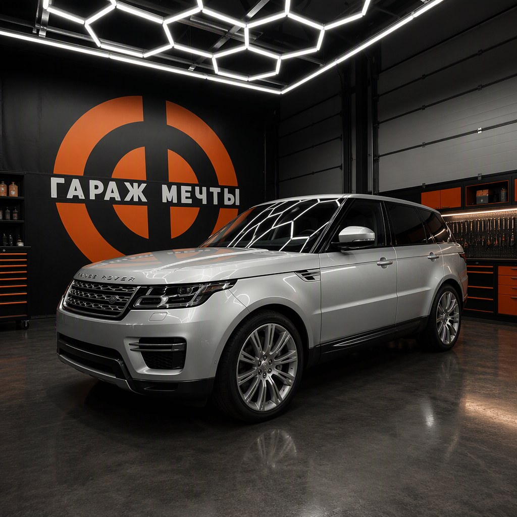 Цех Гараж Мечты — общий план: Range Rover на фоне фирменной стены
